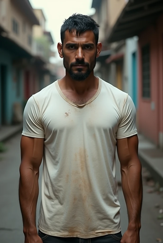 a hyper realistic photo in high definition of a thin dark-skinned man with short hair and several tattoos on the roof of a favela
