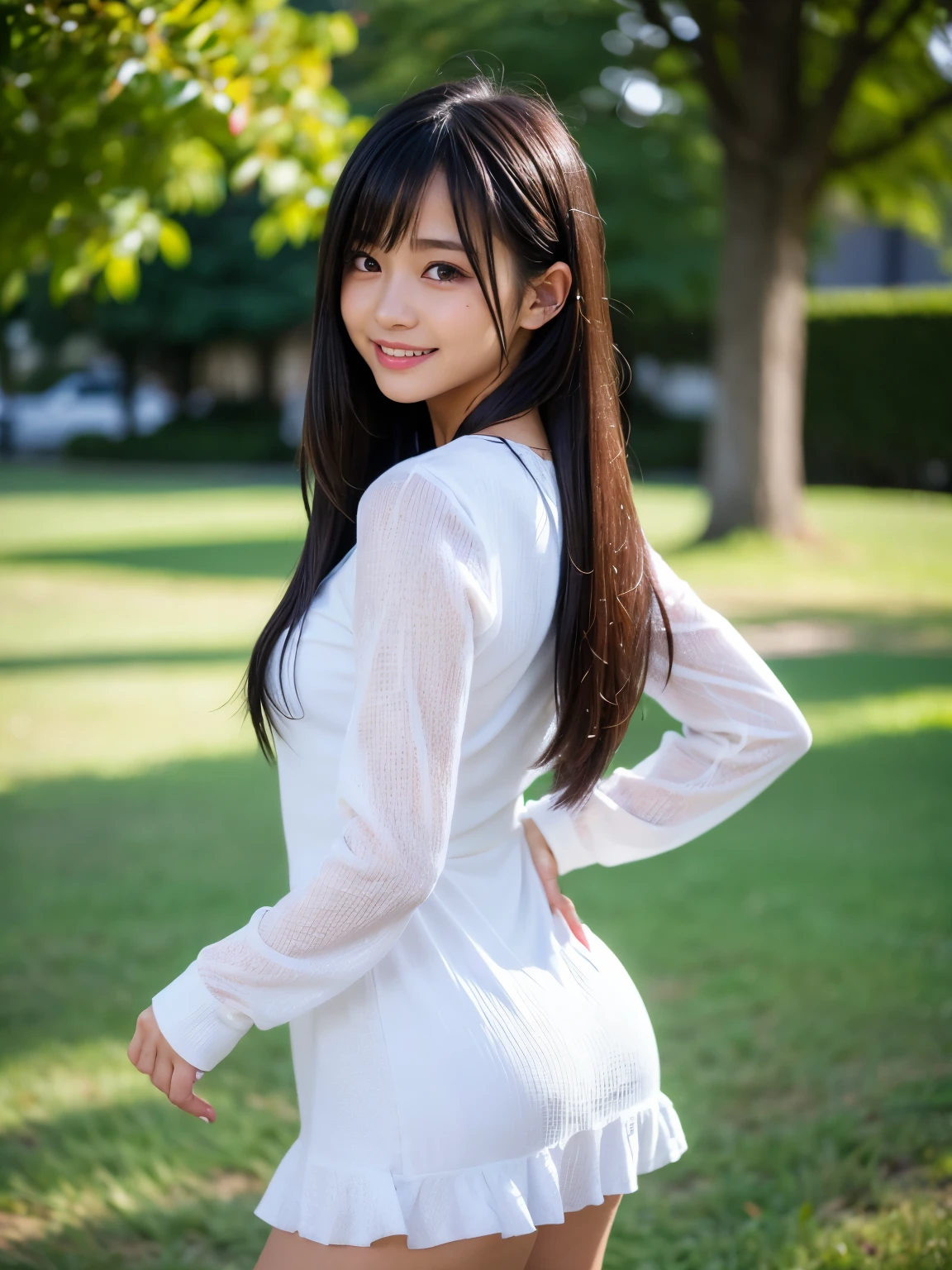 8K、Japanese、whole body、(Beautiful Japanese Girl、Classmate、Landscape and innocence、cute), Ultra-high resolution,Realistic,Ultra-detailed、Highest quality,Very detailed、Detailed Background、Slender、とてもBeautiful Japanese Girl、Detailed face:1.3), (Hair is up、Black-haired:1.4), (Baby Face、cute系、Adorable 14 year old girl), (Perfect body: 1.1), (White T-shirt,Wearing short dark blue hot pants), A shy smile、Show me your beautiful teeth、非常にDetailed face、Detailed lips、Detailed eyes、 gravure idol、 Clear Skin、Inside the Arena,((whole bodyエスビアン)), Focus on the buttocks and beautiful thighs、Dynamic pose、