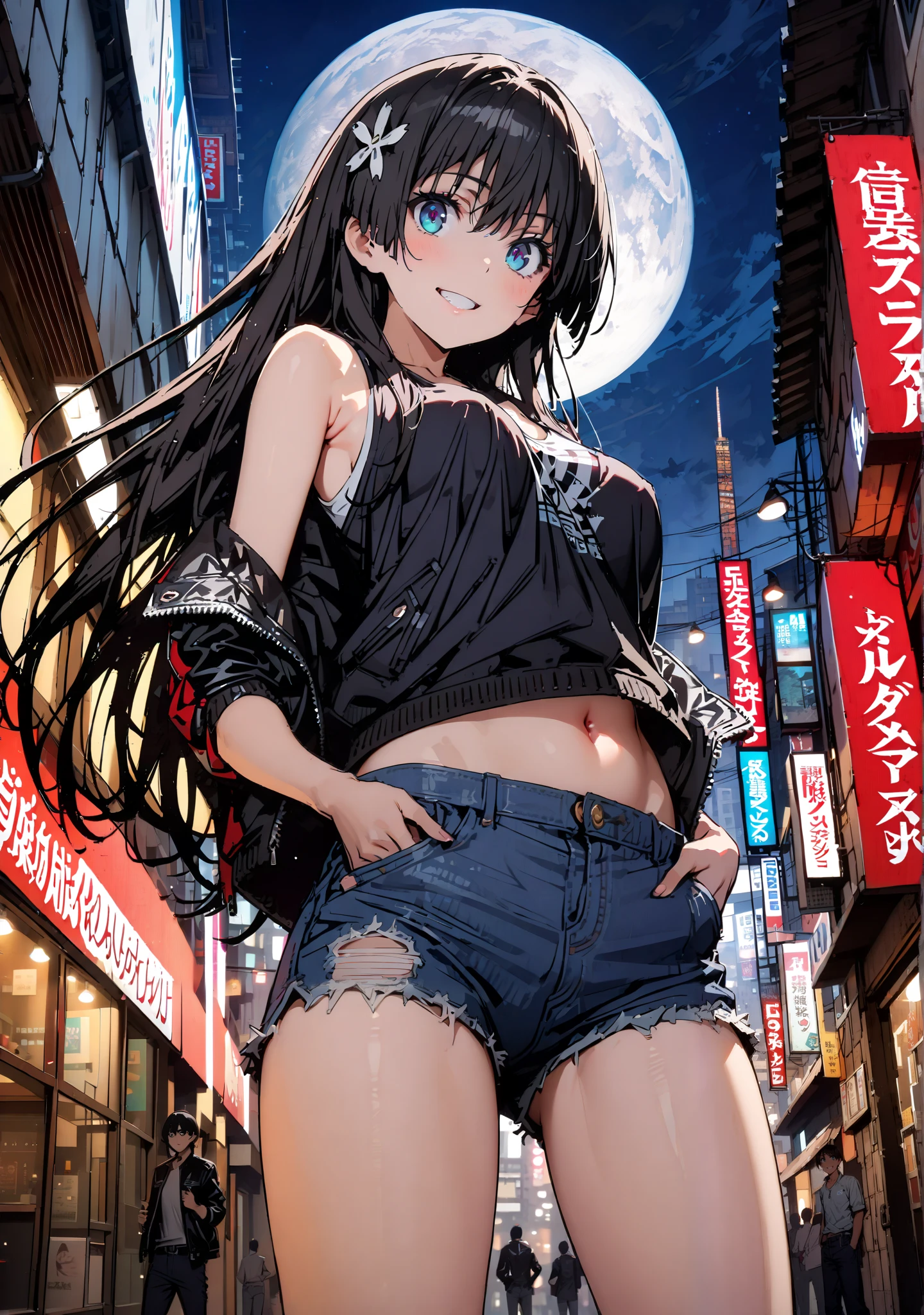 Saten Ruiko, black hair, blue eyes, long hair, hair ornament, flower ornament,smile, grin ,Medium breast,Riders Jacket,tank top,belly button stick,under boob,denim micro shorts,Bare legs,boots,angle from below,night,Nōn,I have my hands in my jacket pockets,is standing,building,night,moon,full bodyがイラストに入るように,break outdoors, City,
break looking at viewer,full body,
break (masterpiece:1.2),top quality , kampala, Unity 8K Wallpaper ,(shape:0.8),( fine, beautiful eyes :1.6),It's a person ,full body写真,CG Details , (perfect hands,complete ),