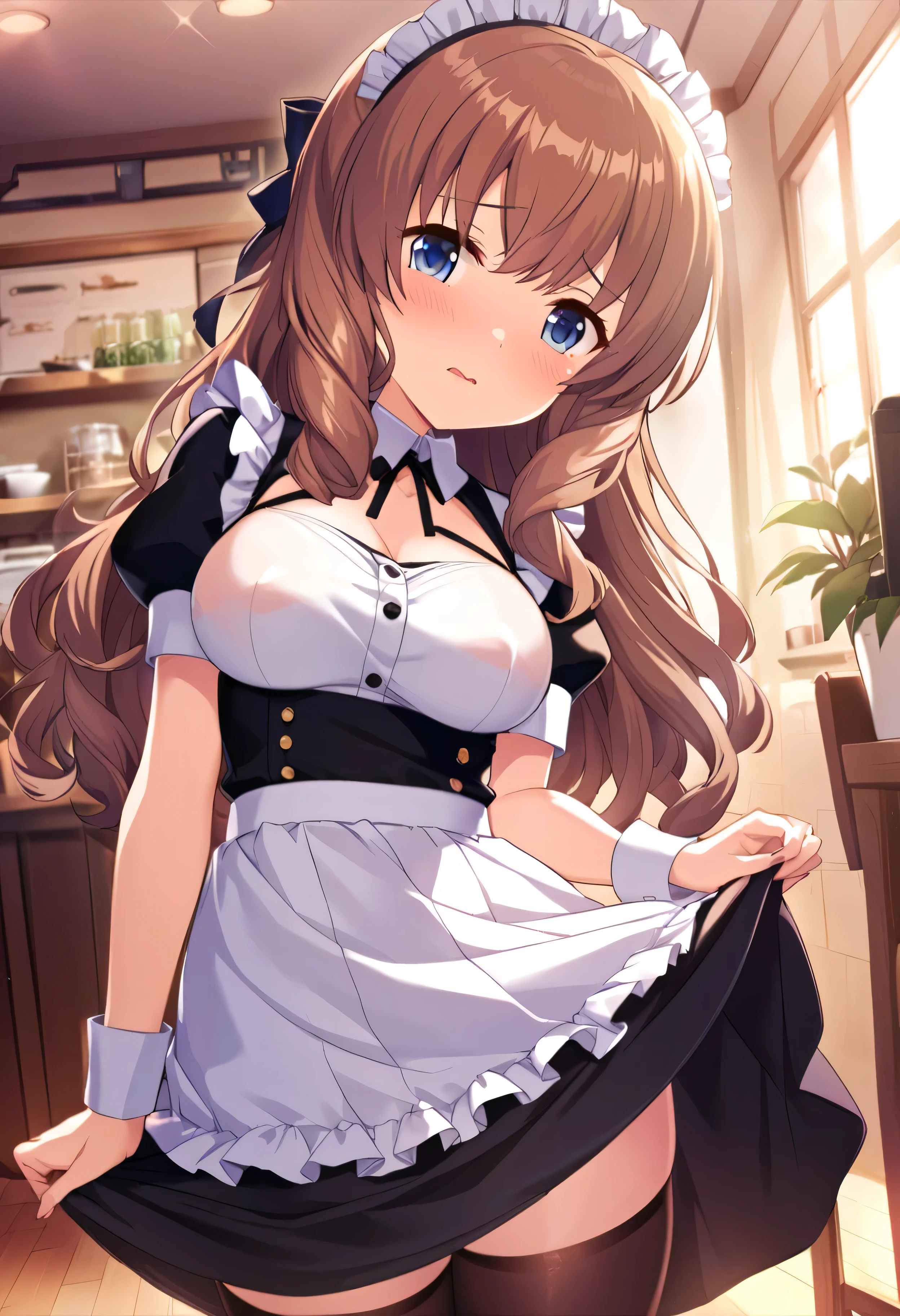High resolution,masterpiece, Highest quality, Kuo Shenlin , heterochromia , Brown hair, (((busty))),1girl, sensual body, Her cheeks flushed , apron ,NUDE