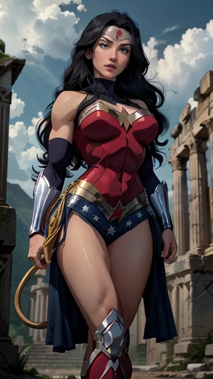 (masterpiece, best quality:1.4), cinematic light, colorful, high contrast, (1girl), NanaShimura, boku no hero academia, large breast, thicc thighs, curvy hips, muscular body, black hair, mole under mouth, large breasts, (blue eyes), hair between eyes, sleeveless, black bodysuit, red belt, white cape, yellow gloves, in the city, night, stars,