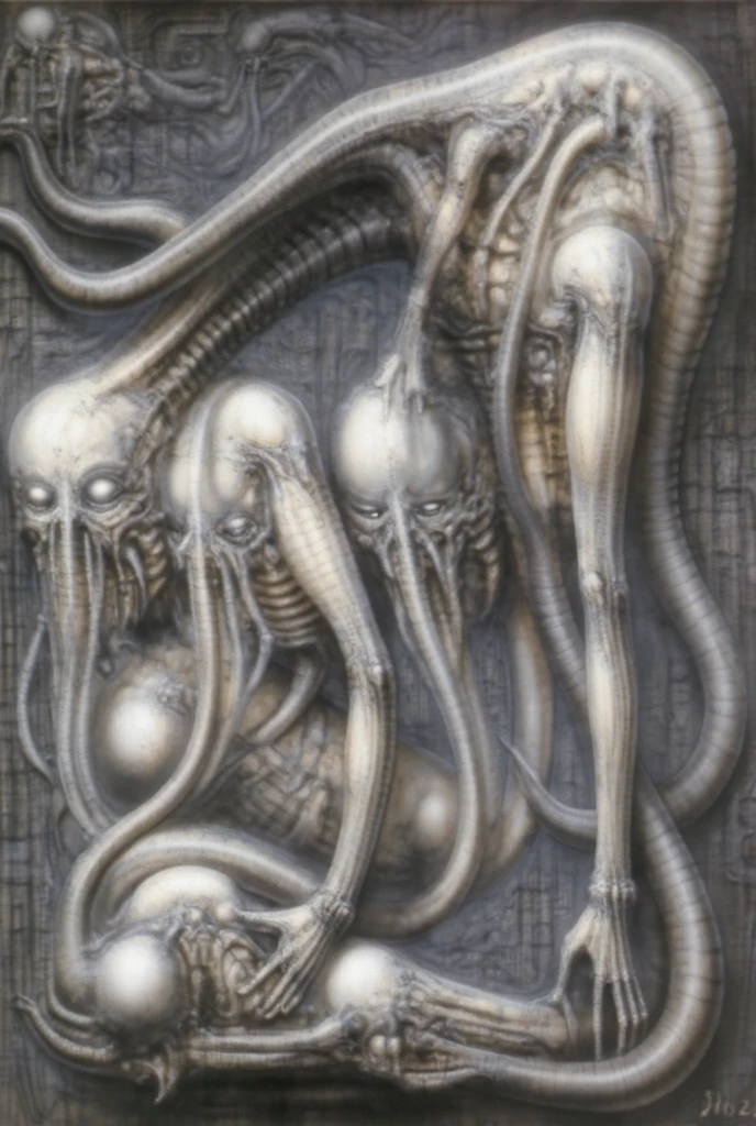 Giger_style, The image is a detailed view of H.R. Giger's \" Landscape XVI \" plate, featuring a complex network of bones and organs in a purple-brown hue ,swirling gray and brown colors. The artwork is silver and purplish brown, with an ivory bones prominently displayed. The image is highly detailed and intricate, almost like a 3d version of a medical sketch.
The piece is a tableau, Giger_style, A painting of (biological style scenery), (neoplasticism:liminal void:0.1),a landscape under nebulous sky, dieselpunk biological living, colossal,mechano-organic, infestations over beomesurreal biomechanical landscape, , robotics cross sections, ((perspective)), h r giger's city,giger_style, by (hariton pushwagner:h.r. giger:0.6), detailed innards,(((cleen colors palette,saturated, silver crimson and gold, intoxicatingly blue and understand grey))), (process art:deconstructivism), allegory of sin,infinitely detailed ultrafine and contrast organic textures,big painting,, medium: airbrush, biomech, aerial view yoji shinkawa, award winning on artforum, (( high contrast)), trend on quality of details,colorized: vibrant colors, incredibly detailed and hyper-detailed, masterpiece