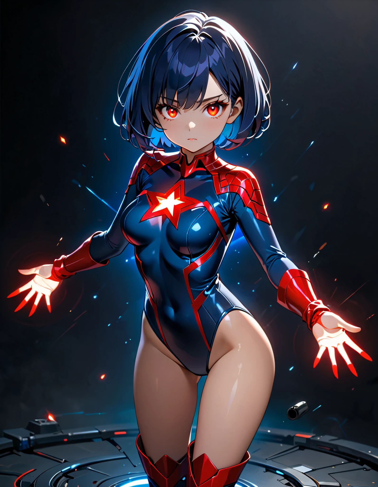 masterpiece, best quality, 1girl, superhero, ((leotard, dark blue leotard)), long sleeves, bare legs, boots, dark blue boots, matching boots, medium breasts, diffraction spikes, light particles, standing, standing straight, dark blue hair, ((short hair, bob hair)), blue eyes, beautiful detailed eyes, beautiful detailed face, cute face, (perfect hands, complete fingers, perfect anatomy, perfect proportions), heroic, ((star symbol on the chest)), serious, full body with costume, full body, cowboy shot, ((raised arms, spins fast in place like a tornado, she spins at an incredible speed, creating a whirlwind of air around her, cyclone spinning)), ((spiral lines, spinning energy pulse around her)).