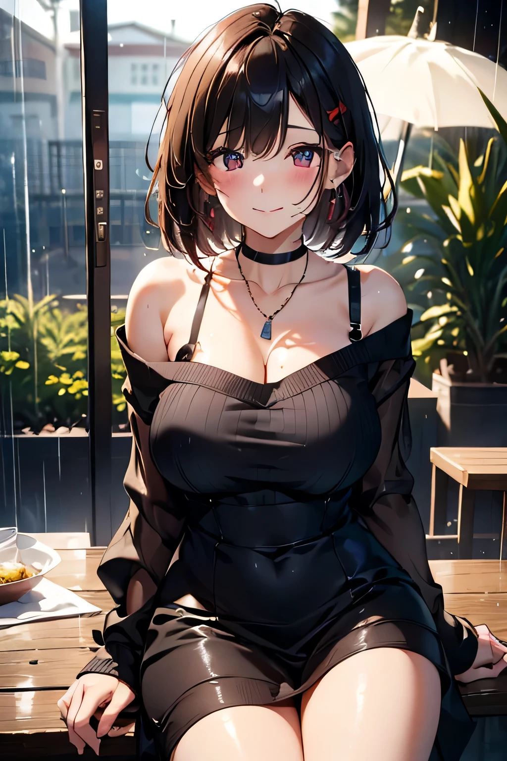masterpiece, yor, 1girl, Bust A Cup, Amazing Cleavage:1.0, thin waist, big ass, Raised sexy, big breast: 1.2 posed cleavage:1.2、solo, looking at viewer, open mouth, black hair, red eyes, dress, bare shoulders, jewelry, collarbone, sidelocks, hairband, earrings, indoors, off shoulder, :o, sweater, arms behind back, plant, short hair with long locks, white hairband, off-shoulder dress, sweater dress, off-shoulder sweater, red sweater, big side hair, very long side hair,is rendered in (masterpiece: 1.2, best quality), with (ultra high resolution) and an exquisite (depth of field). This masterpiece is not only visually stunning but also tells
