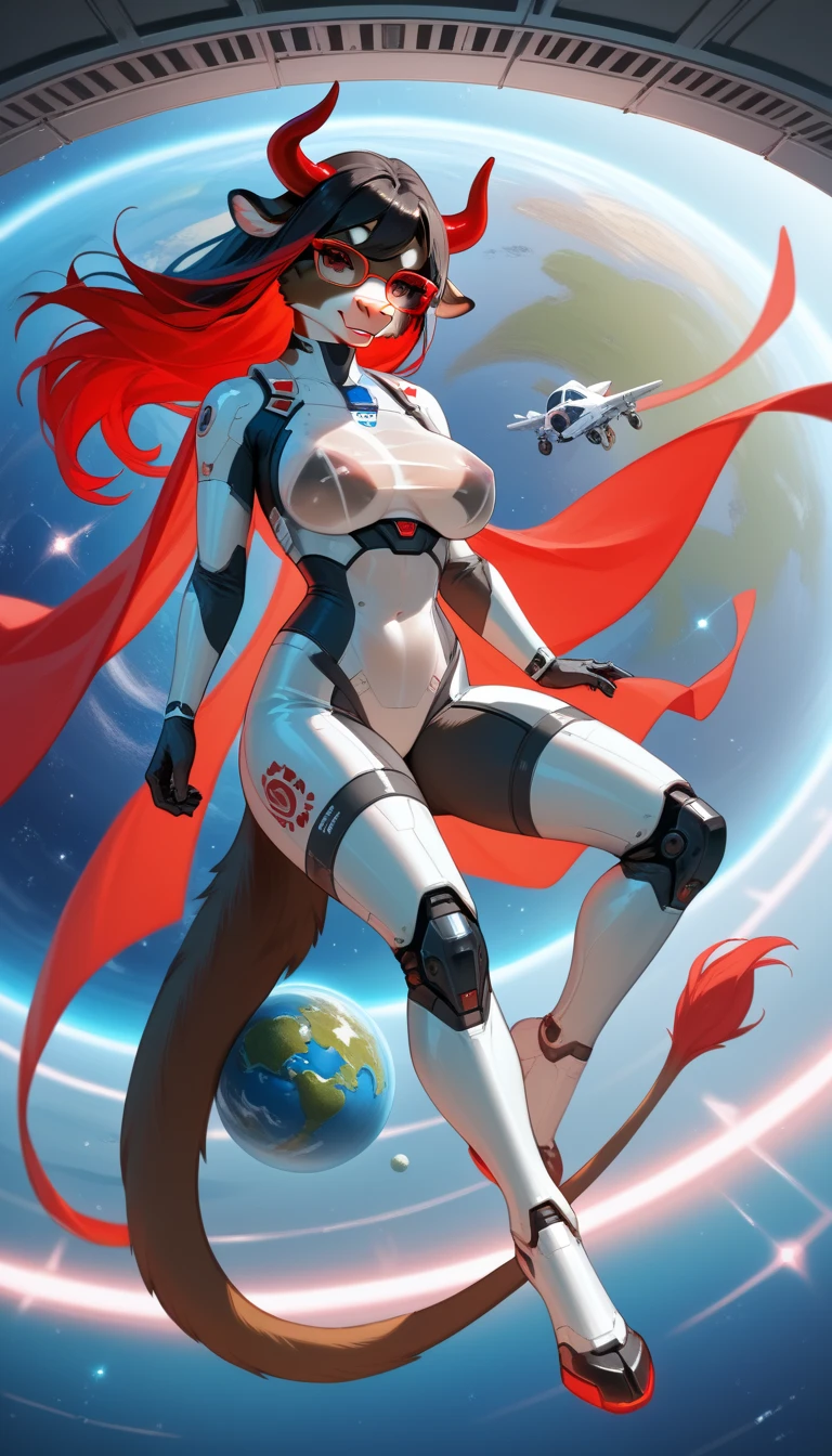 A glamour shot of a voluptuous space commando (web gear, pouches, pockets, ammo): beautiful, long curly red hair, extravagant braid, perfect body ((EE-size breasts, large butt, slim waist, thick thighs)), revealing space suit (((deep cleavage, exposed stomach))), hyper-realistic, partially clouded skies, 64k. full body in a starship. standing on the command deck of a starship ((computers, personale, captain)), realistic. 64k