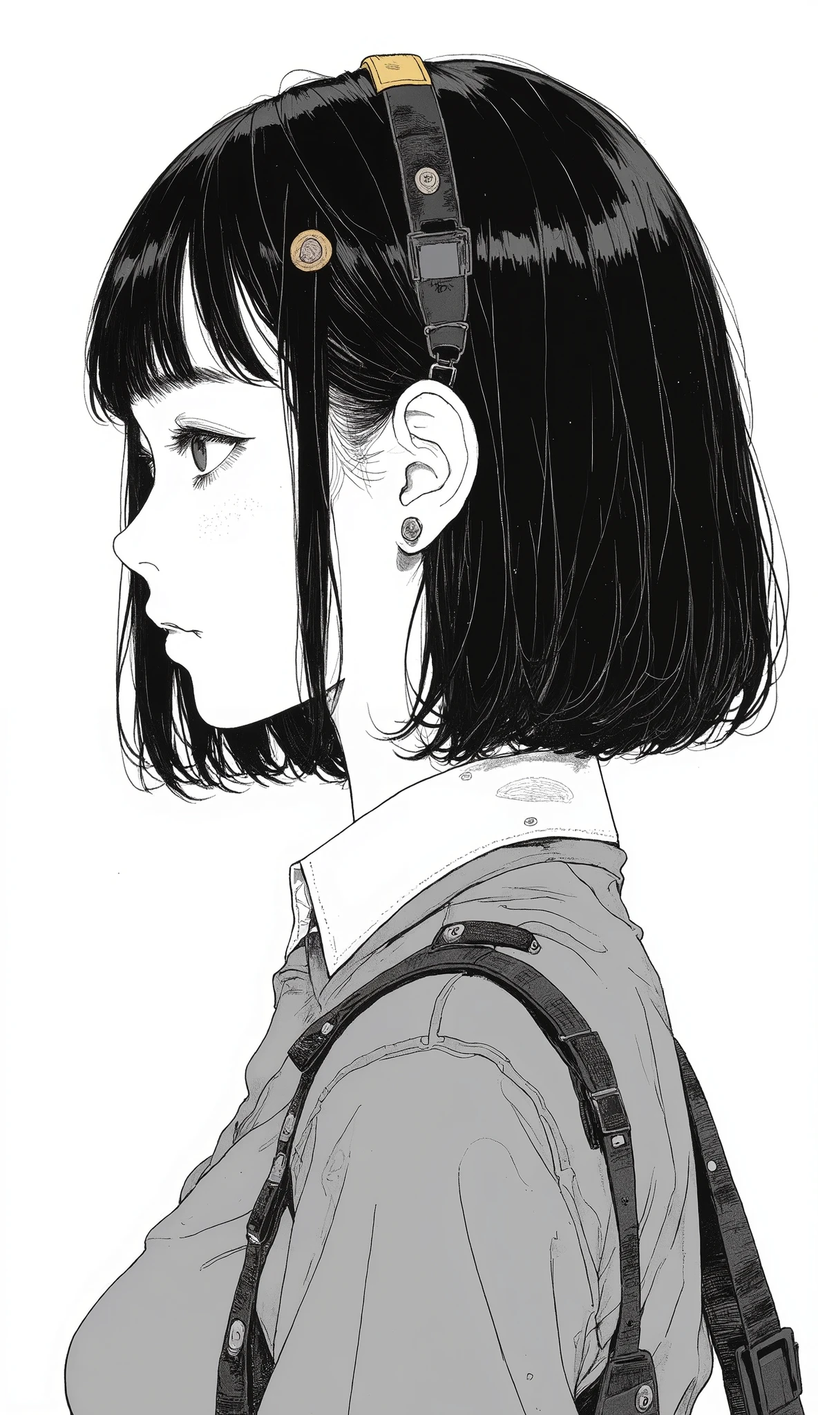 Japanese manga written on a notebook、Taiyo Matsumoto、profile、upper body、 manga frame split、 comic cover 、short hair、High school cartoons、uniform、black hair shortcuts、simple background、full bang、 Bold composition 、Black and white、 dot screen tone 、solo
