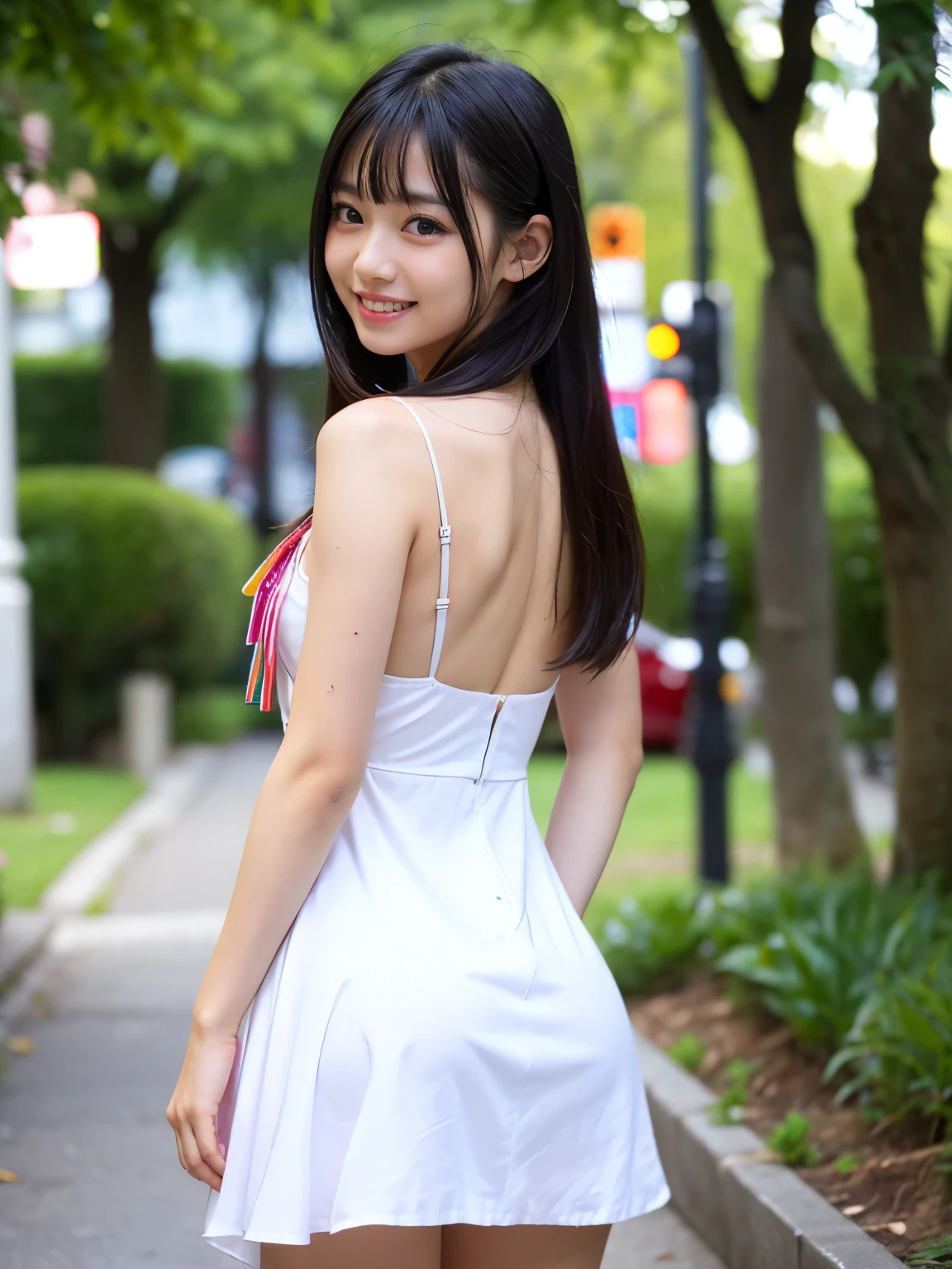 (Best-quality, Masterpiece, Ultra-High-Resolution, (Photorealistic:1.4), Raw Photo, depth of field, professional lighting, perfect anatomy, extremely details), (at walking-course in park), (1girl, 15-years-old, the most famous Japanese idol, wearing yellow summer-dress with cute-design, (booty-pose), looking at viewer, innocent smile), ((((Sweating all over)))), (((extremely beautiful and extremely realistic skins))), (((extremely cute and extremely pretty face like the most popular Japanese idol))), (((big black-eyes))), (black long-straight-hair), (flushed-cheeks)