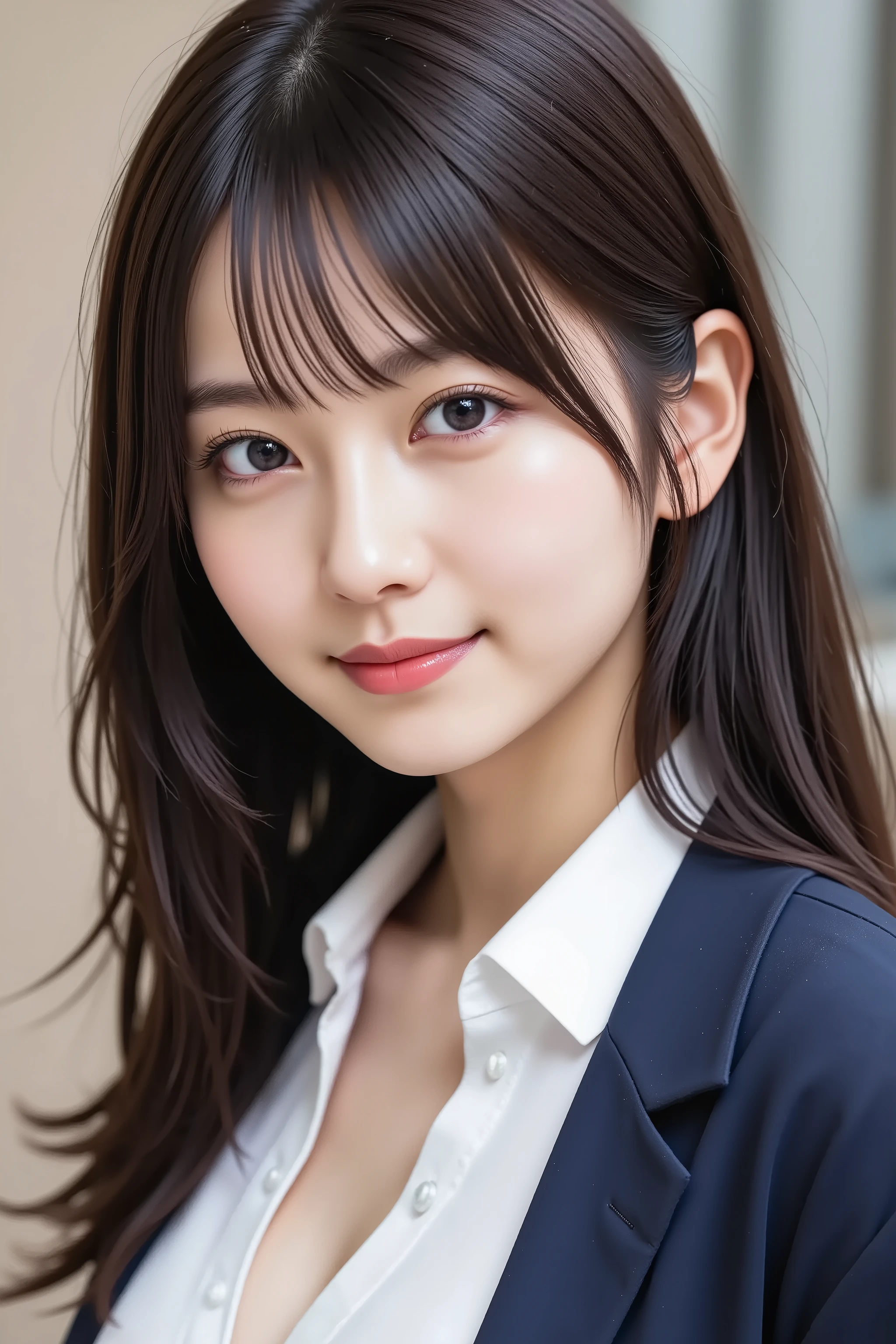 The face is positioned exactly in the center of the image , black hair , Tight Chest 、, the entire head is fully reflected , Face clearly visible、white blouse with open chest collar and navy jacket, Women's Room Background , long hair per person、bungs, smile, young and cute Japanese face , OFFICIAL ART, high image quality CG Unity 8k wallpaper,Ultra high image quality , very well detailed, high image quality , Filmgrain , Lens Flare Glow , top quality ,8k, as a portrait shot ,8k, viewer , masterpiece,top quality ,very well detailed, it's cute ,sexy,very well detailedな,detailware features ,beautiful, illustration , beautiful Japanese woman, ladies 1