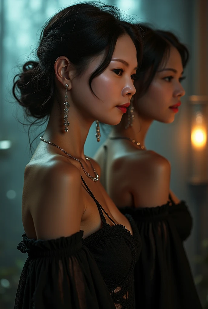 70-years-old asian woman, grandmother, Sexy face, black small bikini, big breasts，Red light，a diamond necklace，Long colorful hair，Hyper-realistic。