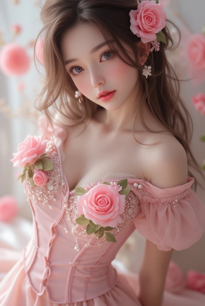 (Masterpiece, BestQuality:1.3), (ultra detailed:1.2), (hyperrealistic:1.3), (RAW photo:1.2),High detail RAW color photo, professional photograph, (Photorealistic:1.4), (realistic:1.4), ,professional lighting, (japanese), beautiful face, (realistic face), cute woman, (Brown Hair, Big Breasts:1.5), (cheerful Smile:1.5), Trending Hair&Trending Hairカラーをランダムに, earrings, necklace, bracelet, sexly, erotic sexly, Random sexy gravure poses, (((A girl wearing a pink dress in Lolita fashion、Winking while holding a bouquet of roses、The dress emphasizes the bust。:1.2), Beautiful location, (Detailed Background), Random composition)