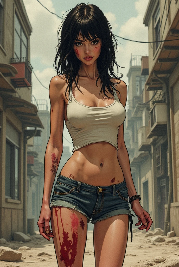 Yael Shelbia (beautiful and bold, seductive and attractive, blue eyes, pointed breasts, long curly black hair, sweaty body, open shirt, short shorts, boot, thick legs). (deserted road, dirt road, blood, smoke, abandoned cars, newspapers, abandoned objects, bodies lying on the ground, abandoned road, apocalyptic scenery, cinematic effect), (Best quality, masterpiece, depth of field, Full HD, 4K, richness of detail). Portrait style