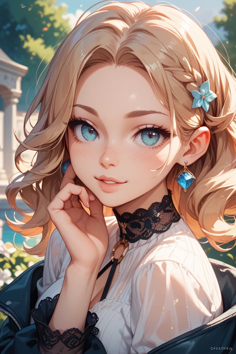 masterpiece、highest quality、High resolution、high quality images、8K, 1 female、skin luster、Texture of skin and clothing、Expression of fine eyes、Shiny bright golden hair,Girl with long braided hair, Manga inspired by Lee Jong-suk, trending on deviantart, realism, detailed manga style, manga art style, perfect line drawing, beautiful line drawing, digital manga art girl, K-POPアイドル, Beautiful blue eyes, blue eyes , plump lips, detailed gorgeous face, (cute smile), charm, innocent, Side view, (perfectly detailed face), (fine hands) photorealistic images, Depth of written boundary, Princess hairstyle, Corolla on the head , loose and light knitwear、Shoulder knitwear , show your shoulders , I can see the cleavage , autumn leaves , autumn leaves ,美しいautumn leaves,romanticism,
