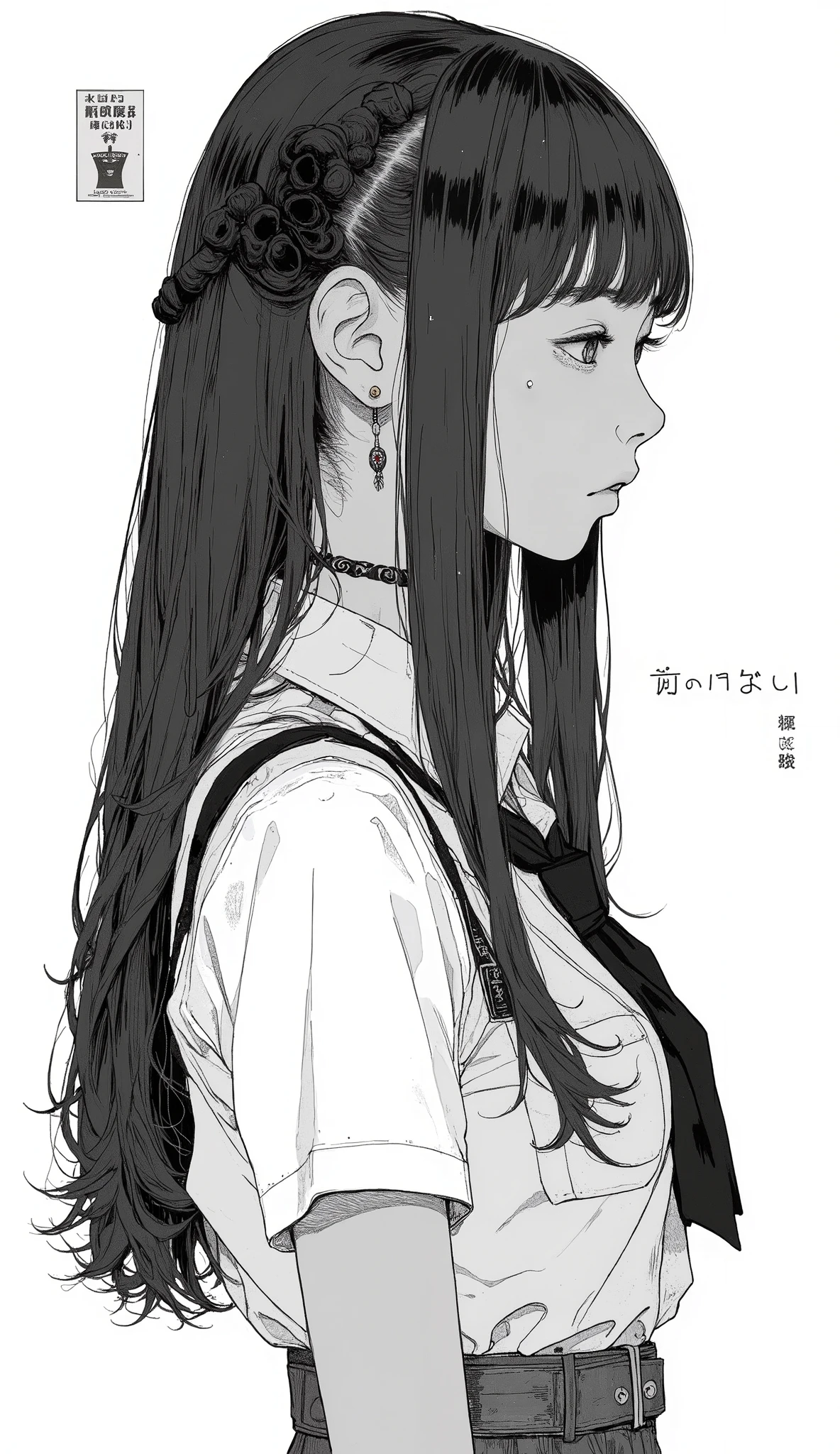 Japanese manga written on a notebook、Taiyo Matsumoto、profile、upper body、 manga frame split、 comic cover 、Princess Cut、straight long hair、full bangs、High school cartoons、uniform、black hair shortcuts、simple background、full bang、 Bold composition 、Black and white、 dot screen tone 、solo