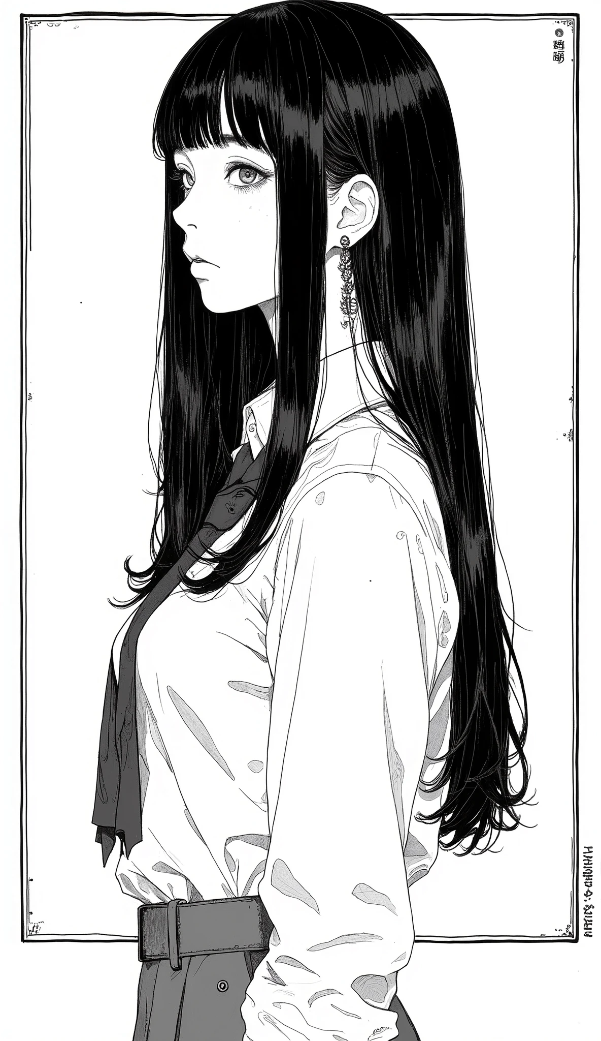 Japanese manga written on a notebook、Taiyo Matsumoto、profile、upper body、 manga frame split、 comic cover 、Princess Cut、straight long hair、full bangs、High school cartoons、uniform、black hair shortcuts、simple background、full bang、 Bold composition 、Black and white、 dot screen tone 、solo