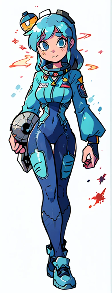 retro space adventurer girl, sexy, space adventurer, tight spacesuit, astronaut helmet, retro sexy, cute, blue hair, skinny, full body illustration, concept art, standing normal pose, white background, retro futuristic laser spiral pistol, 