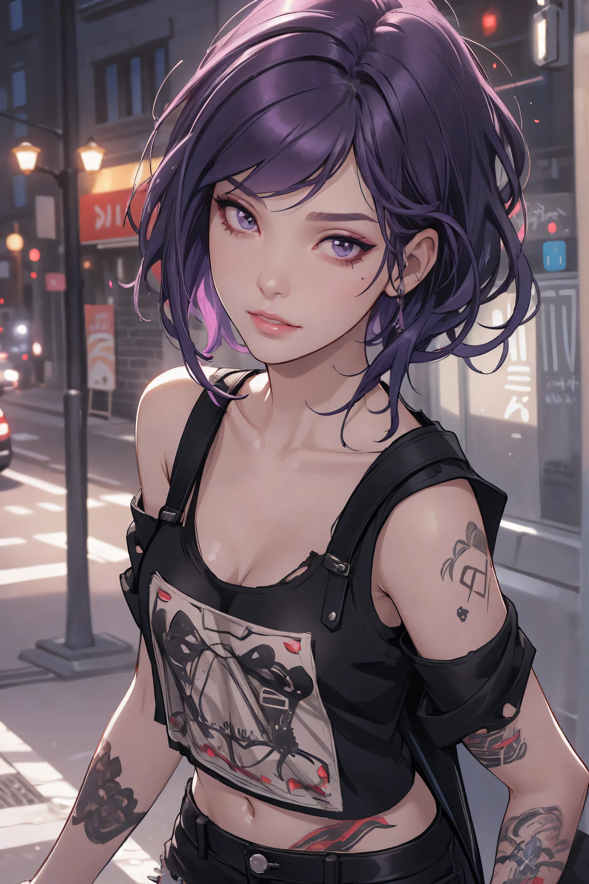 1girl,a beautiful fashion model ,(masterpiece, detailed background, best quality), short and shiny hair, dark purple hair,smirk,juicy lips,red lips, slutty street clothes, stripping, elegant makeup, exhibitionism, chloe price, alt girl, black tattoos, ripped up band shirt