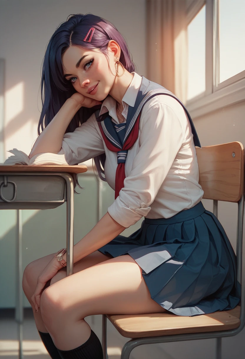 Punk girl, bright dyed hair, school uniform, sandal heels, black makeup, horny face 