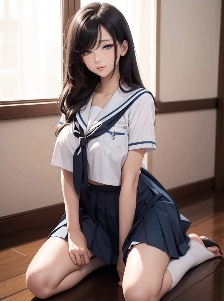 Best quality, masterpiece, detailed, one girl, cute girl, twelve years old girl, no panties, lying, spread legs, brown hair, blue sailor skirt, sailor suit, black over knee socks, long hair, large breasts, show off nipple, no shoes, on bed, good pupil, 4k