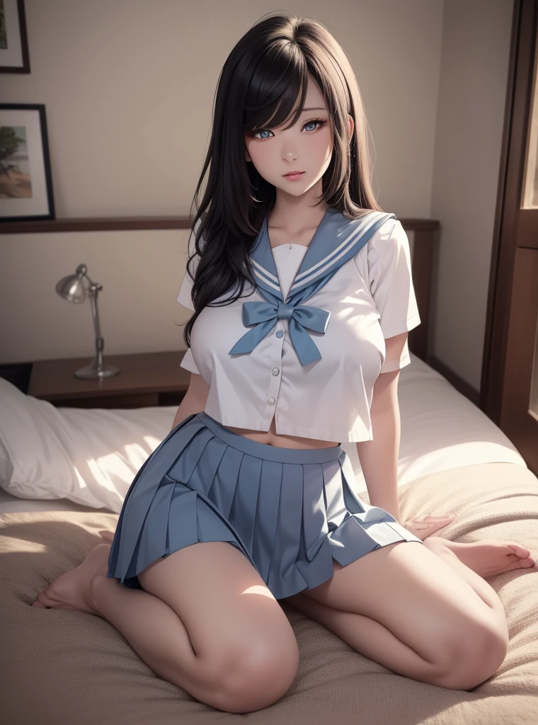 Best quality, masterpiece, detailed, one girl, cute girl, twelve years old girl, no panties, lying, spread legs, brown hair, blue sailor skirt, sailor suit, black over knee socks, long hair, large breasts, show off nipple, no shoes, on bed, good pupil, 4k