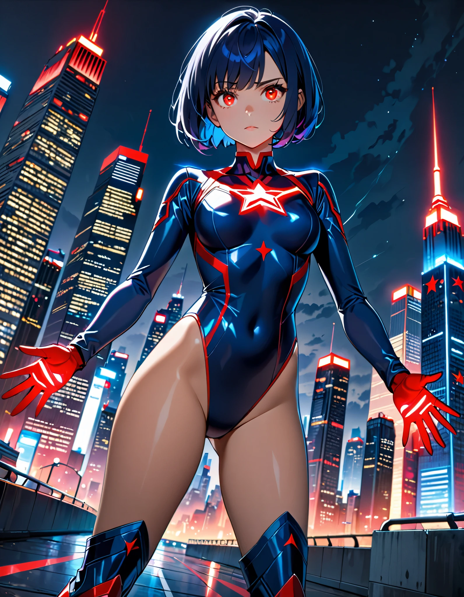 1girl, medium breasts, leotard, bare legs, tight belt, boots, matching boots, gloves, city backdrop, solo, single, hands on hip, standing, full body shot, cowboy shot, superhero, beautiful detailed eyes, mature lady, star symbol on chest, black hair, (((perfect anatomy))), (((Full body photo:1.5))), ((((My Hero Academia Style)))),