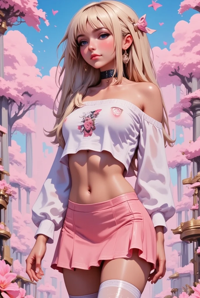 Beautiful girl , slim fit body , blonde hair , strapless crop top, mini skirt , rose lips , blushed cheeks