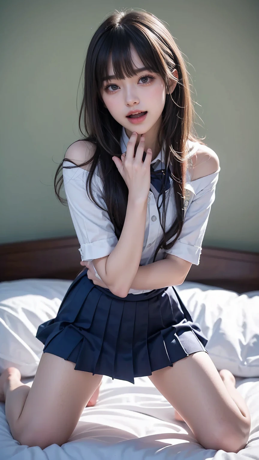 (table top:1.2, 8K, highest quality), (realisticNSFW, realistic:1.37), Super detailed, looking at the viewer, look away, whole body, 1 girl, K-POP, Girls with natural makeup, black hair, (long hair:1.4), (Sexual liberation promotional shoot:1.7), skinny, Medium chest, beautiful face, fine and beautiful eyes, beautiful ears, beautiful body, beautiful breasts, beautiful thighs, beautiful feet, (sex education street art:1.1), (girls school uniform:1.5), (clear white skin), pink ribbon,  (joy, streaking),  (pop art:1.6), 