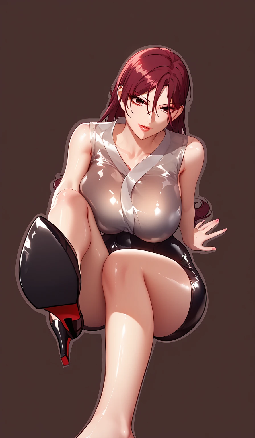 ((Highest quality)), ((masterpiece)), (Familiar), Hazy, Female,Mature Woman,Purple Hair, short hair, Low Ponytail, eye shadow, lipstick, Red eyes,Red Shirt,Red and black jacket,Large Breasts,{Erect nipples},Cleavage, White tight skirt,Red Heels