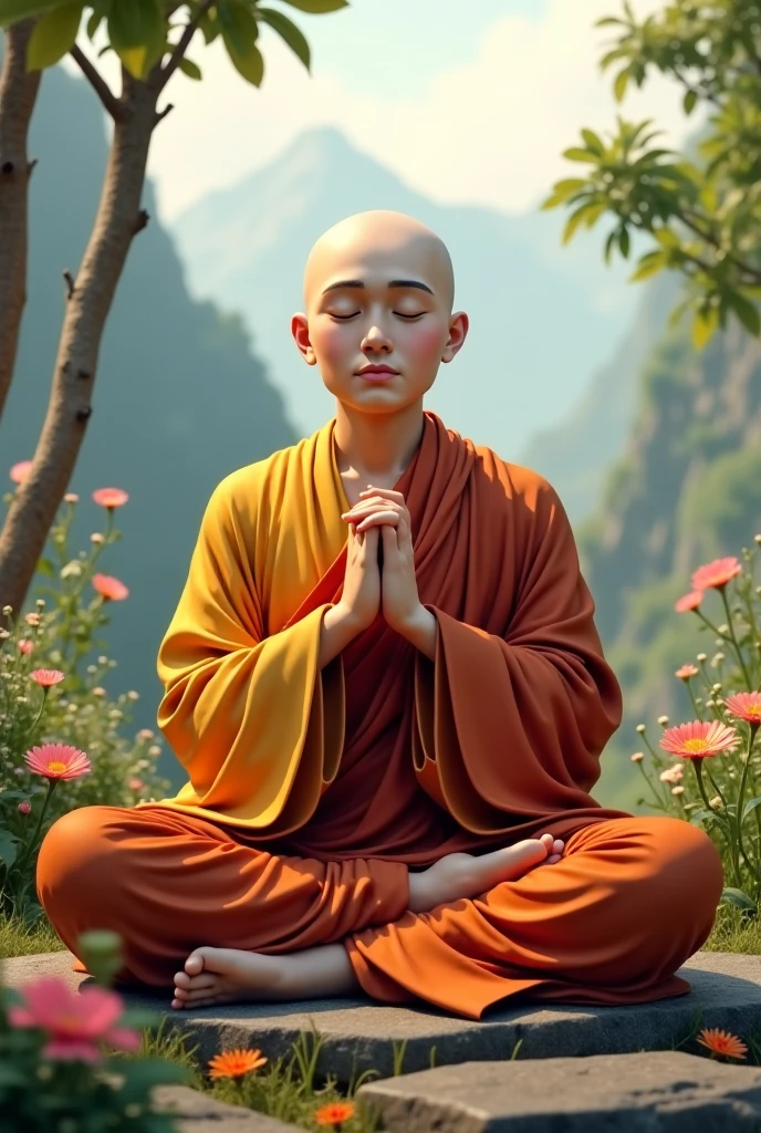highest quality、highest quality、realistic、unity、8k wallpaper、official art、Highly detailed CG unity 8k wallpaper、Super detailed、High resolution、Physically based rendering、Super detailed,growing up, finely,The only handsome monk, (no hair:1.3), (close your eyes:1.4), (meditating), (The face tends to be a little downcast), (back correction),slim face, beautiful young monk, highly detailed face, very beautiful face, fine eyes, view, blurred background,  (Front view:1.3), (monk&#39;s robe:1.3), (Don&#39;show as little skin as possible), (Sit and meditate in the lotus position:1.3), (Stay away from the camera）, (Facing the camera forward）, frontage, slim face, In the rainforest, professional lighting, (illuminate the face:1.3)