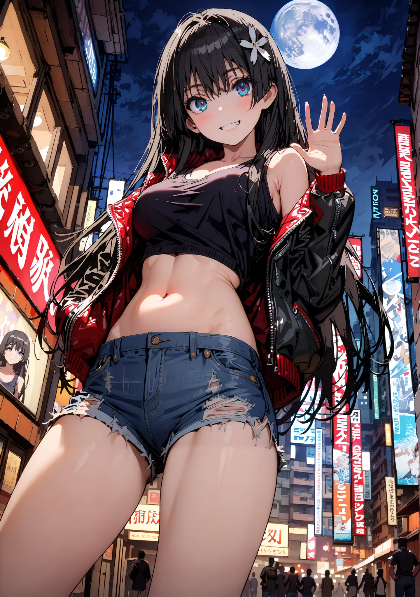 Saten Ruiko, black hair, blue eyes, long hair, hair ornament, flower ornament,smile, grin ,Medium breast,Riders Jacket,tank top,belly button stick,under boob,denim micro shorts,Bare legs,boots,angle from below,night,Nōn,I have my hands in my jacket pockets,is standing,building,night,moon,full bodyがイラストに入るように,break outdoors, City,
break looking at viewer,full body,
break (masterpiece:1.2),top quality , kampala, Unity 8K Wallpaper ,(shape:0.8),( fine, beautiful eyes :1.6),It's a person ,full body写真,CG Details , (perfect hands,complete ),