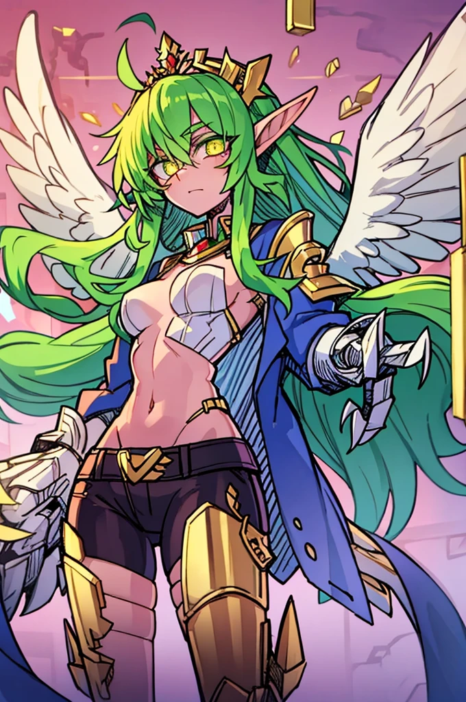 masterpiece、highest quality、Ultra-high resolution、Maximum resolution、Very detailed、Professional Lighting、anime、Adult women、thin、so beautiful、smile、Open your mouth、White patent leather high leg leotard、Purple pattern、((Pink mech armor))、Shiny Armor、White decoration、Cyber Headgear、Shoulders show skin、Golden earrings、Green Hair、long hair、purple eyeedium breast、Pink Lips、White cloak、With a shiny shield、With a beam saber、Deploy beam shield、There are large wings of light on his back.