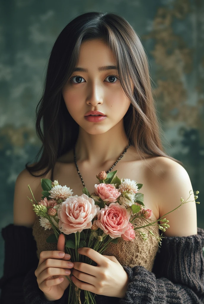 8k, best quality, masterpiece, realistic, ultra detail, photo realistic, Increase quality, 
a photo of a girl standing in a field with a scarf, in the style of dark and brooding designer, voluminous mass, photobash, serene faces, jagged edges, navy, natural beauty, close-up shot
