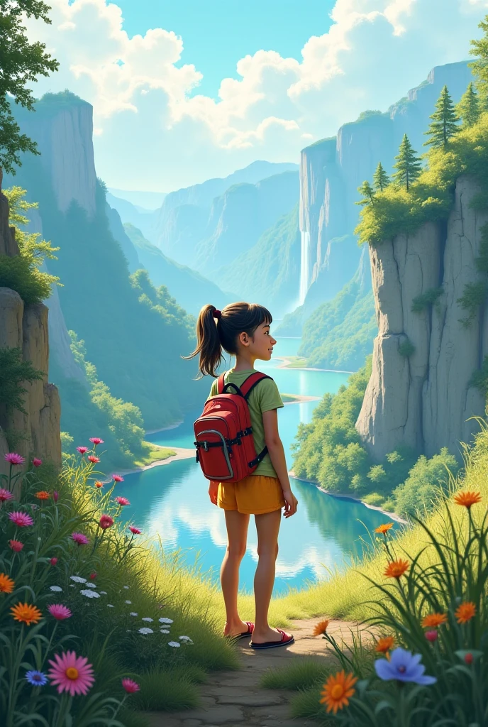 (beautiful and magnificent skyline, majestic sky), (extremely tense and dramatic pictures, moving visual effects), (high hanging Polaris, colorful natural light), (1girl), (long-sleeved top, denim shorts, carrying a backpack), (dynamic pose:1.3, black eyes, black hime-cut hair, sparkling girl)[:0.8], (large grassland), (oncoming breeze), (brown hair and background Coordination effect: 1.2), (close shot, long shot mix and match)[::0.9]