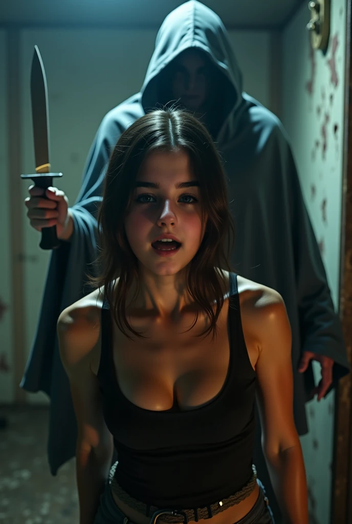 A Latina girl with tanned skin and a serious face, wearing a white strappy top, with loose hair and features similar to Maddy from Euphoria, semi-hidden in the darkness with a knife in front of her face, shadowed by Ghostface.