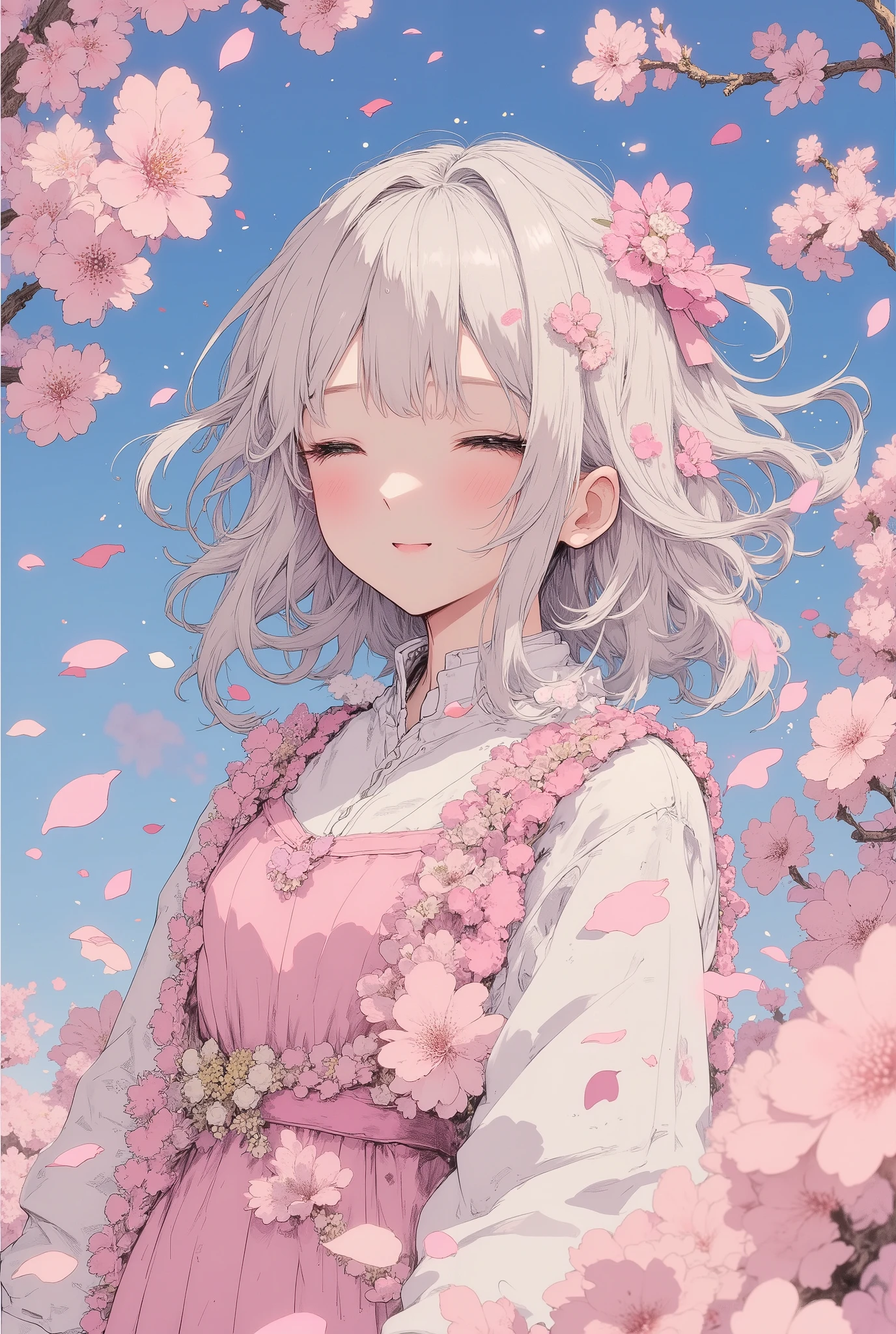 Anime girl with white hair and pink dress in front of a tree - SeaArt AI