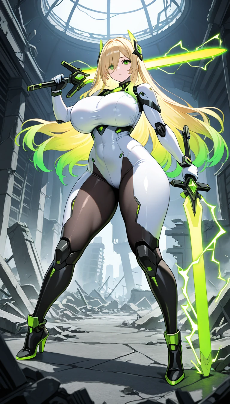 1girl, green eyes, blonde hair, long hair, large breasts, hourglass figure, bodysuit, white bodysuit, neon, neon trim, machinery, tech, science-fiction, futuristic, serious, standing, full body, ((full body)),, pantyhose, black pantyhose, wavy hair, fighting stance, robot girl, sword, lightsaber