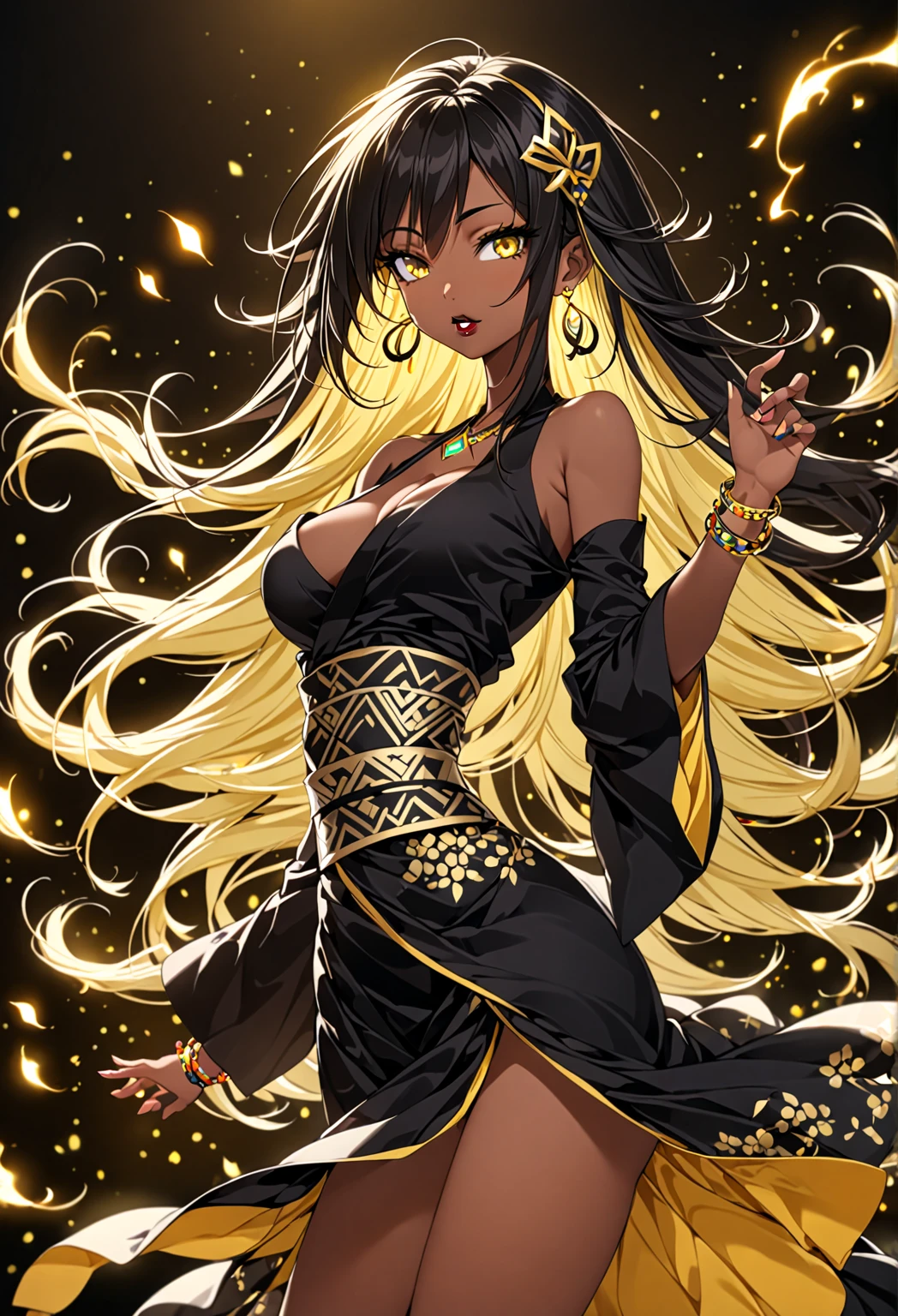a computer generated drawing of an asian goddess on a bed with chains on her arms, 1girl, dress, dark skin, yellow eyes, solo, black dress, breasts, dark-skinned female, black hair, looking at viewer, ass, detached sleeves, gold, blonde hair, multicolored hair, looking back, jewelry, bare shoulders