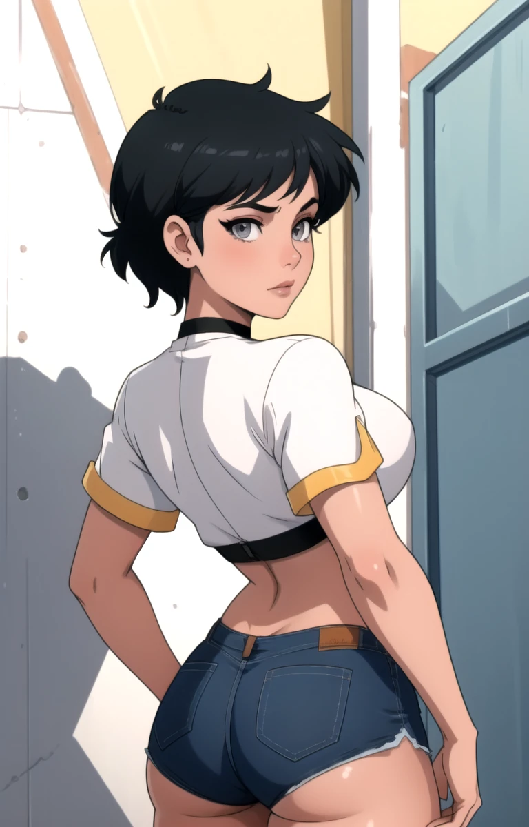 (masterpiece, best quality: 1.2), cowboy shot, solo, 1girl, yaoyorozu momo, anime screencap, city, long hair, black hair, gray eyes, looking at the viewer, lustful, closed mouth, ass, wide hips, short shirt, short shorts, unbuttoned shorts, erotica, back