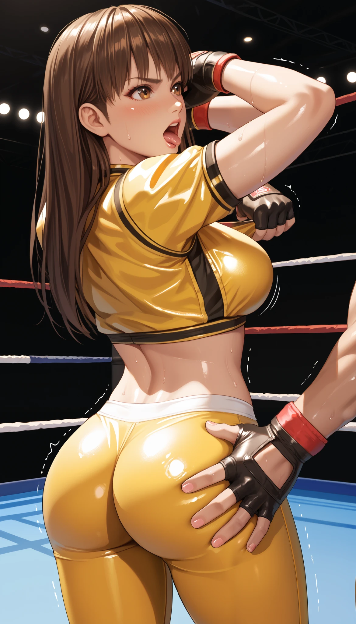 LeiFangDOA, brown hair, (long brown straight hair:1.5), shiny crop top, (shiny yellow leggings, undressing), short sleeves, fingerless gloves, breasts, looking back, armpits, gasp, be breathless, sweat, sparkling sweat, trembling, brown eyes, breasts, [[angry]], blush, {anguish}, {{shameful}}, wrestling ring, from behind, man licking her upper buttocks, nsfw, upper buttocks:1.5, bare hip,