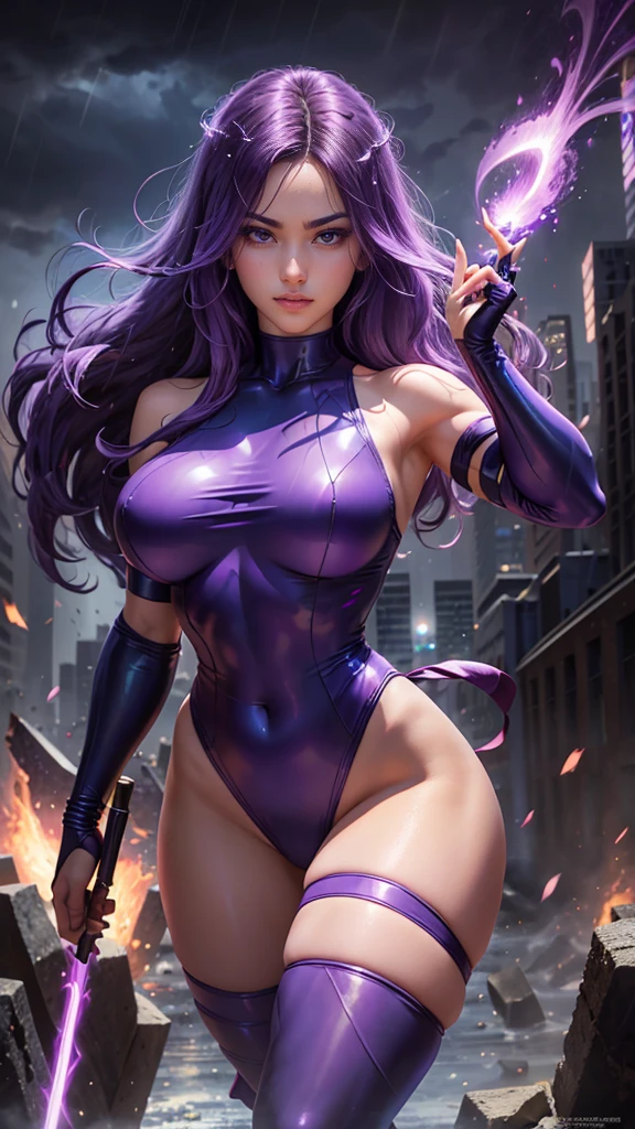1girll,Gorgeous Hair in Long Purple,Purple jumpsuit,Tattooed with,There is a red string around the waist,Purple boots,Thigh leg rings,The right hand releases a purple energy glow,Hands full breasts, Convex buttocks, city ruins,holy rays,A desert,Detailed background, Clothing details, perfectly proportioned, filmgrain, Fuji colors, lightand shade contrast, tmasterpiece, high detal, high qulity, A high resolution, Cinematic lighting, 8K, Textured skin, Super detail