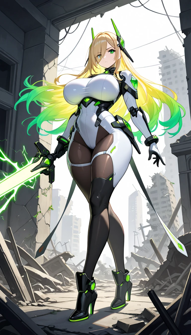 1girl, white hair, long hair, large breasts, breasts, wide hips, green eyes, smile, bodysuit, red bodysuit, black trim, sleeveless, futuristic, tech, science-fiction, green neon trim, neon trim, neon, full body, ((full body)),