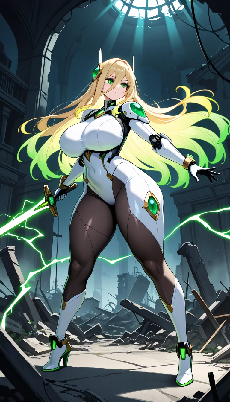 1girl, green eyes, blonde hair, long hair, large breasts, hourglass figure, bodysuit, white bodysuit, neon, neon trim, machinery, tech, science-fiction, futuristic, serious, standing, full body, ((full body)),
