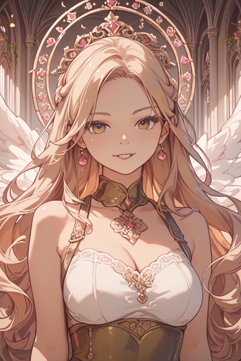masterpiece, absurdres, best quality, ultra detailed, high Resolution, detailed illustration, bright colour, (extremely beautiful detailed face and eyes, Delicate beautiful face, 1 girl, cute face:1.3), (magenta eyes:1.1), sparkling eyes, big eyes, big breasts, (perky breasts:1.1), (pointy breasts:1.1), medium hips, glamorous body, white skin, BREAK, (blonde hair:0.8), messy hair, detailed hair, shiny hair, BREAK (undressed, fallen Angel, Angel Wings:1.3), perfect lighting, (embarrassed:1.3), (ecstasy, vulgarity:1.5), (trembling:0.8), (art nouveau:1.5), (Zentangle:1.3),