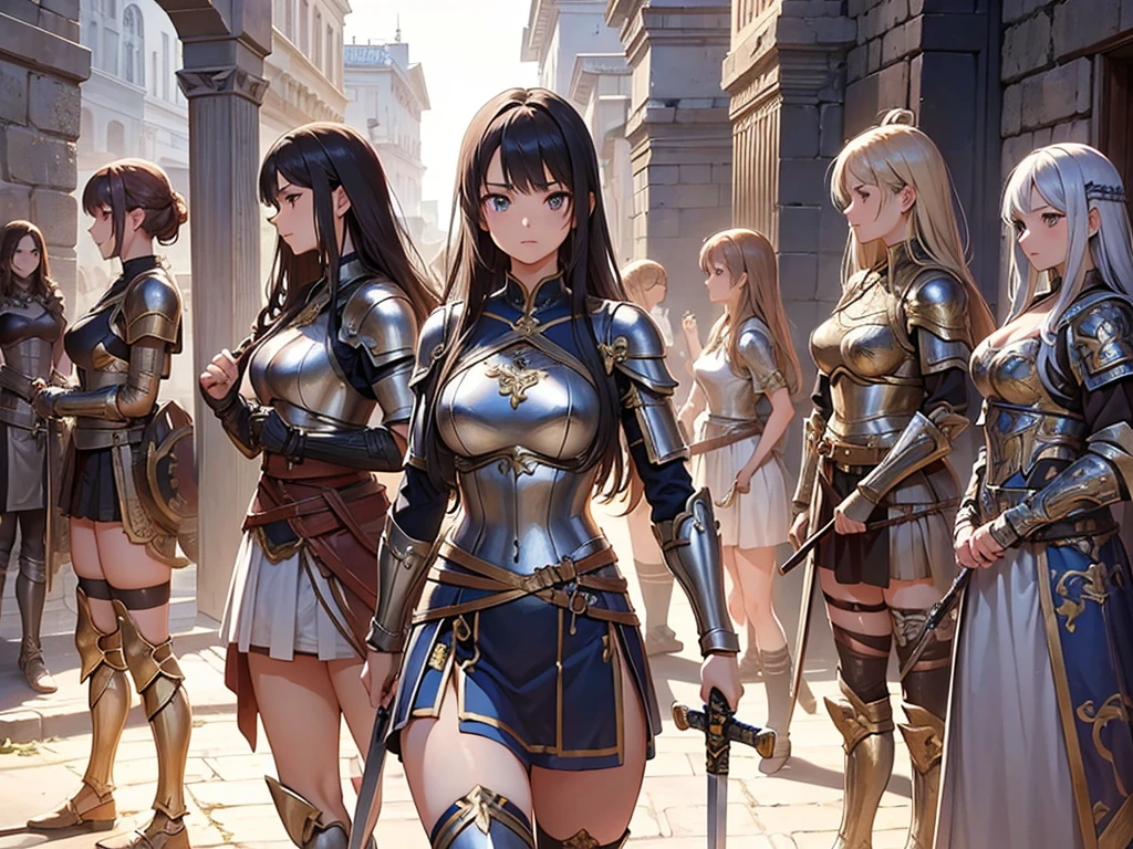 2girls, warriors, war, ((brown hair)), ponytail, large breasts, ((very detailed golden armor)), armor motif, cleavage 1:3, green eyes, long skirt, silver boots, sword, grin, fire, warzone, medieval, looking at the viewer, standing, hair ribbon, wind