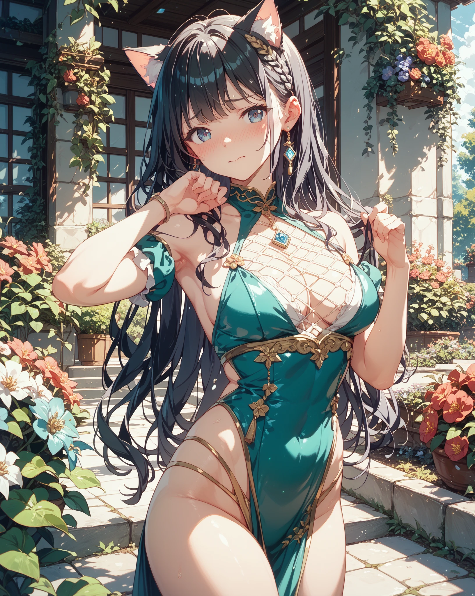 realistic image, detailed image, coherent image, 1 beautiful elf, she has very long hair, black hair, turquoise eyes, smiling, She is wearing a dress, showing her legs, She has a curvy body, medium breasts and thick thighs , She is sitting, posing sensually, arching her back, sprouting breasts, full body view, view from above, flower petals falling around, background surrounded by flowers, Soft focus, Dramatic shadows, Volumetric lighting, natural lighting, illumination artificial, white background, soft background,bzyyzg \(manaka nemu\)