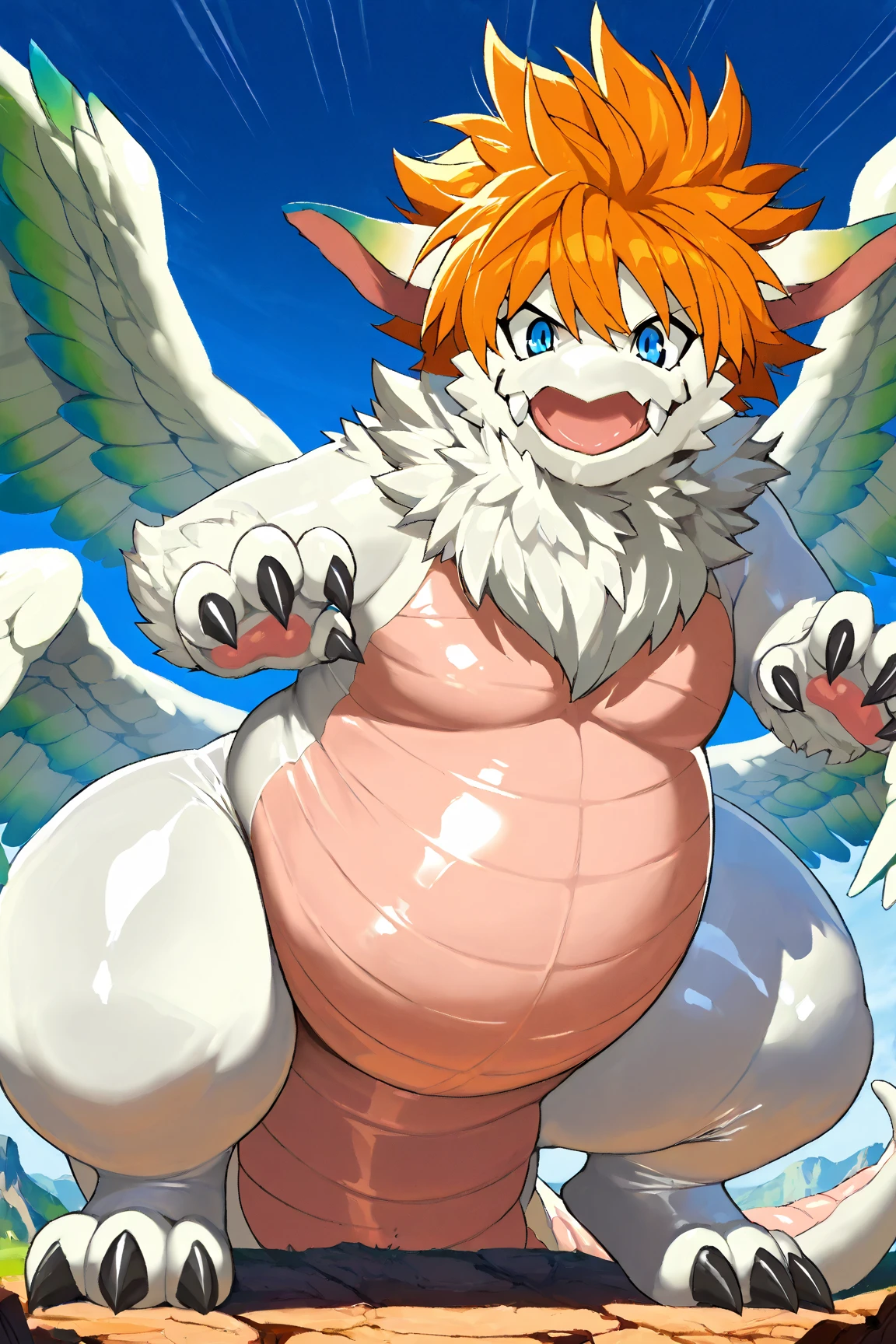 anime character female cat disgaea videogame Felynn,huge breast, tail attached to buttocks, cat hands, white hair ribbon,smile