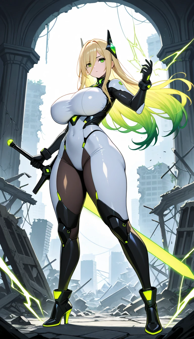 (full body/standing: 1.5). (({yamato})), ((in a futuristic city completely destroyed with flames coming out of the destroyed buildings)). {yamato}:wearing (((maid outfit/black+white skirt:1.2))), (((extremely tight clothing:1.5))), ((looking at the viewer, wide smile)), (extremely large breasts:2), ((doing sexy poses:1.5)) ((holding a long black rifle)). Hyper-realism, anime, 16k, UHD, masterpiece, best quality, high details.