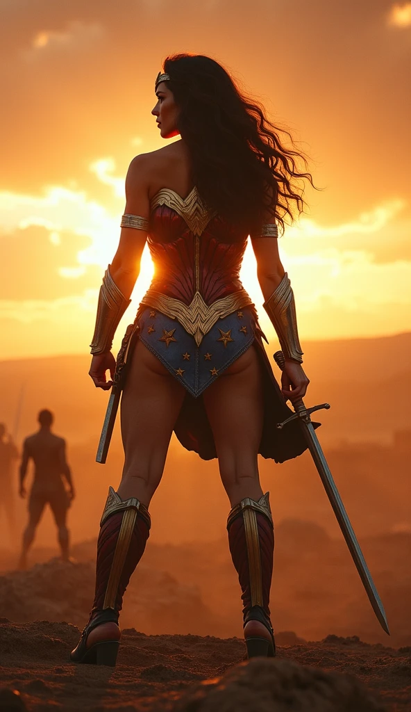 I want you to create Gal Gadot's Wonder Woman in wedge heels, if you can, with her back turned