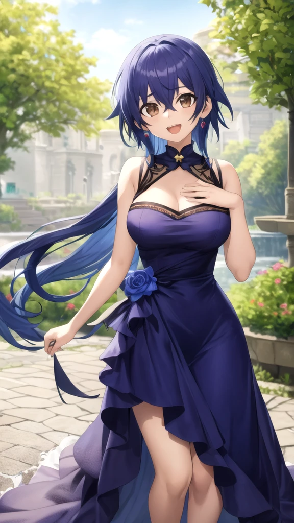 (1girl,20 years old),rainbow hair,long hair,medusa hair,black dress, sleeveless,bare shoulders,smile,blush,extra arms,four arms,cleavage,looking at view,sunset,village,on the balcony of a elegante palace,