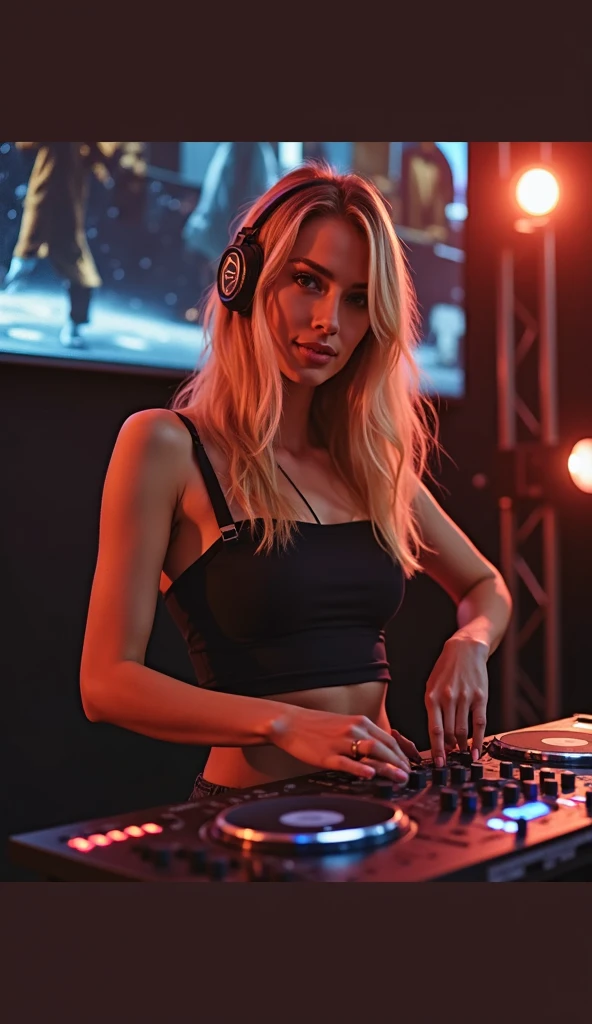 (masterpiece:1.3),(best qualtiy:1.2),8K,Absurde,8K Wall Pupper Unit, (ighly detailed:1.3), highest grade, realist, blured background, Blurry close-ups, (One ultra hot European gorgeous woman, age 23, blonde wavy hair: 1.2), she's a playmate, men magazine model. She wears a tight dress, Emphasizes the curves of the body, Have a sexy look, (earbuds:1.1),(Neon light:1.1),Mechanical headwear, (mechanical wing:1.1),frown,(Dynamic Pose:1.1),(Floating hair:1.2),(disc jockey:1.2),(Psikoderic:1.2),Dynamic Pose,(electric wires:1.1), (beams of light:1.2),I open my eyes, septum, Smiling,(Music:1.2), cables, God Lightning,(Inside:1.2),From Side,(musical instrument:0.7),Desperate, Warm, Energetic, Formidable, stimulant,Dynamic ,Thrilling ,Explosive, Awaken, (cluster:1.2),llight rays, Neon light, electric fan, (electricity:1.2), (electronic music:1.1),(Sound Mixing:1.3), in a snowy village, winter starry night, northern lights, (armpit), (armpit), (armpit)