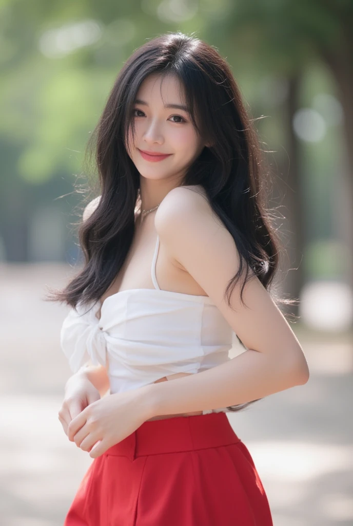film portrait photography, 1girl, bare shoulders, wavy shoulder-length hair (realistic detailed eyes, natural skin texture, realistic face details), soft dramatic lighting, depth of field, bokeh, vibrant details, finely detailed, hyperrealistic, 35mm film, hazy blur, filmg,happy smile, dancing, wearing a red black university uniform dress elegant